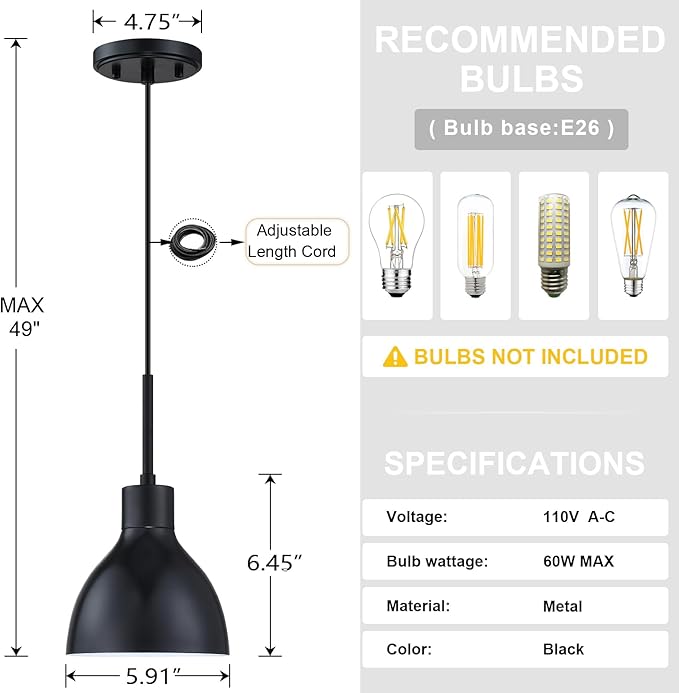 4 Pack 1 Light Industrial Hanging Indoor Kitchen Island Pendant Ceiling Light Fixtures Black Finish,5.9" Drum Metal Shade for Bar Dining Room Living Room Over Sink