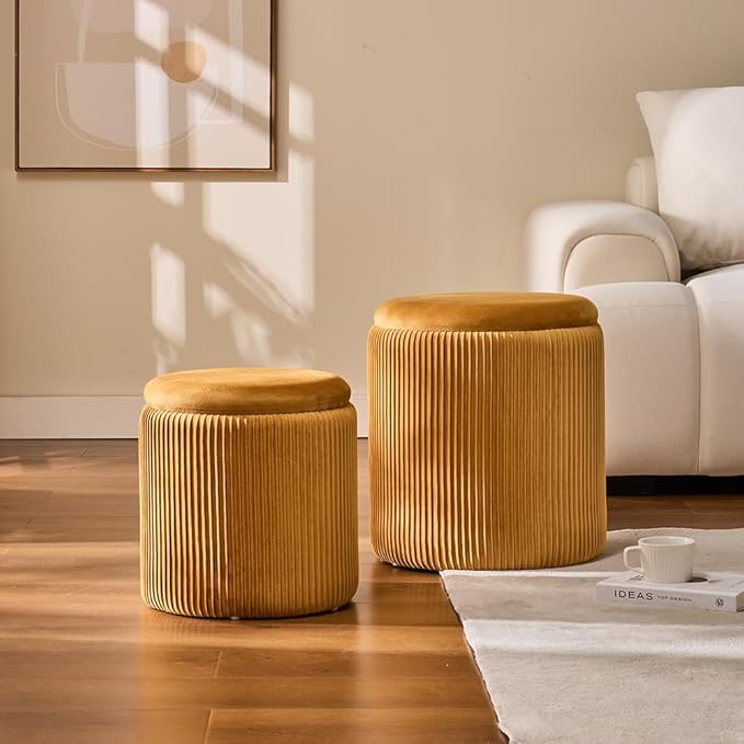Round Ottoman with Storage Set of 2-Upholstered Sherpa Vanity Stool for Makeup Multifunctional Ottomans Coffee Table Padded Seat Foot Rest (Engineered Wood, Yellow)