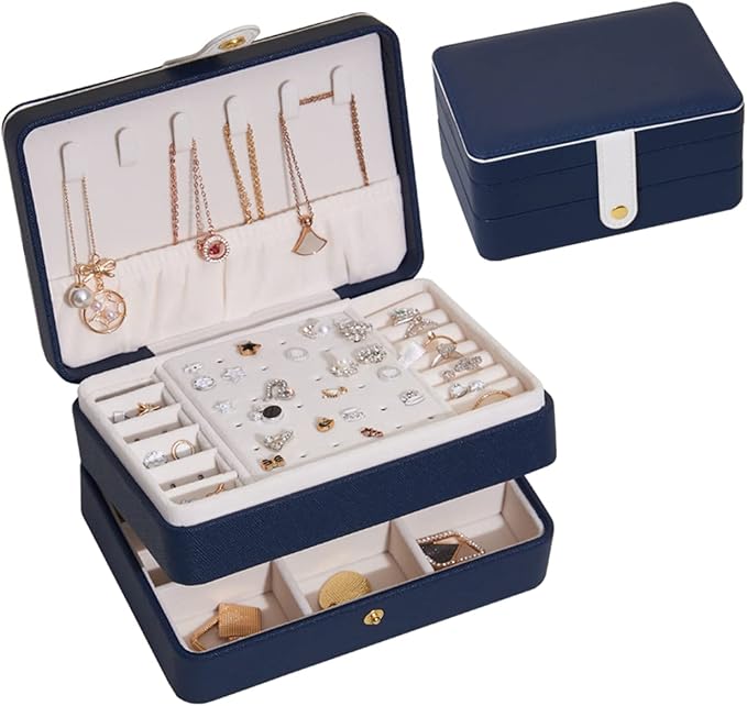 PU Leather Travel Jewelry Organizer Case for Women & Girls, 2-Layer Portable Jewelry Box for Earrings, Rings, Necklaces, Bracelets, Compact Jewelry Storage (Blue, Small)