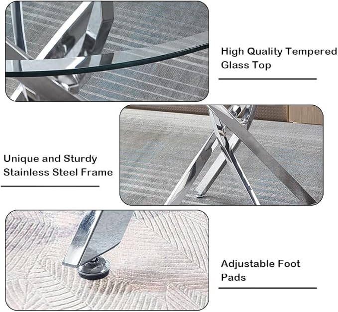 Goujxcy 5 Piece Round Glass Dining Table Set for 4, 36" Round Dining Table & Chair Set Modern Circle Glass Kitchen Table and 4 Velvet Upholstered Chairs for Kitchen Dining (Silver Table & Grey Chair)