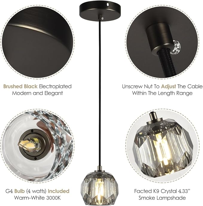 Crystal Pendant Light Fixture, Modern Black Pendant Light Kitchen Lighting, Small Crystal Pendant Island Hanging Light for Kitchen Dining Room