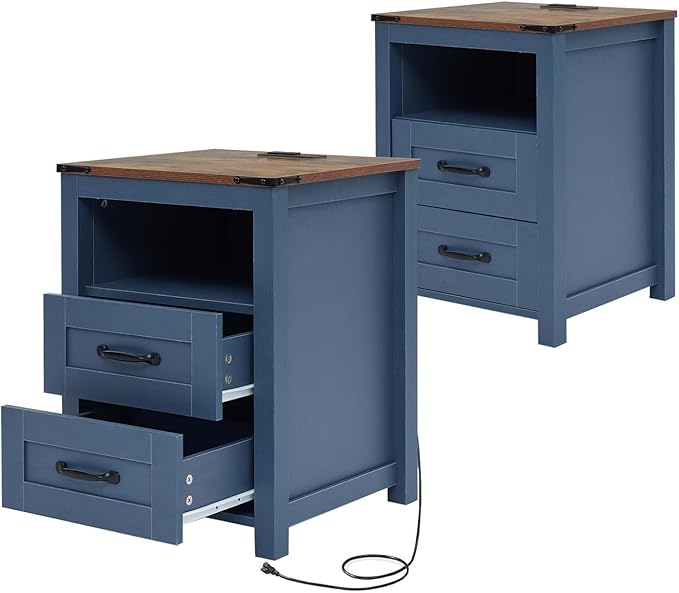 Farmhouse Nightstand with Charging Station & Drawers, Blue Wood Bedside Table, End Table with 2 Storage Drawers & USB Ports for Bedroom, Dorm,Blue