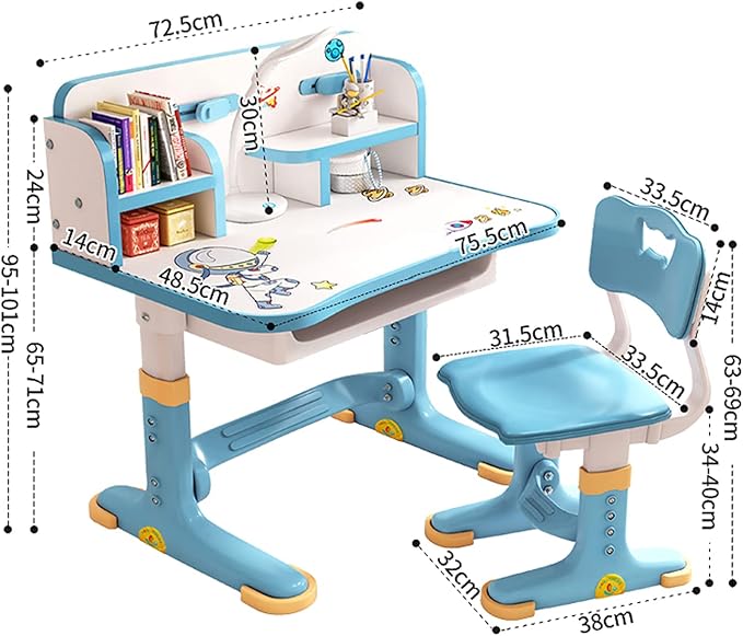 Small Desk, Standing Desk, Desk Chair Set, Widened Desktop Multi Separation Cartoon Pattern Desk Chair Set Kids Adjustable Height Study Table with Drawer Chair Set (Blue)