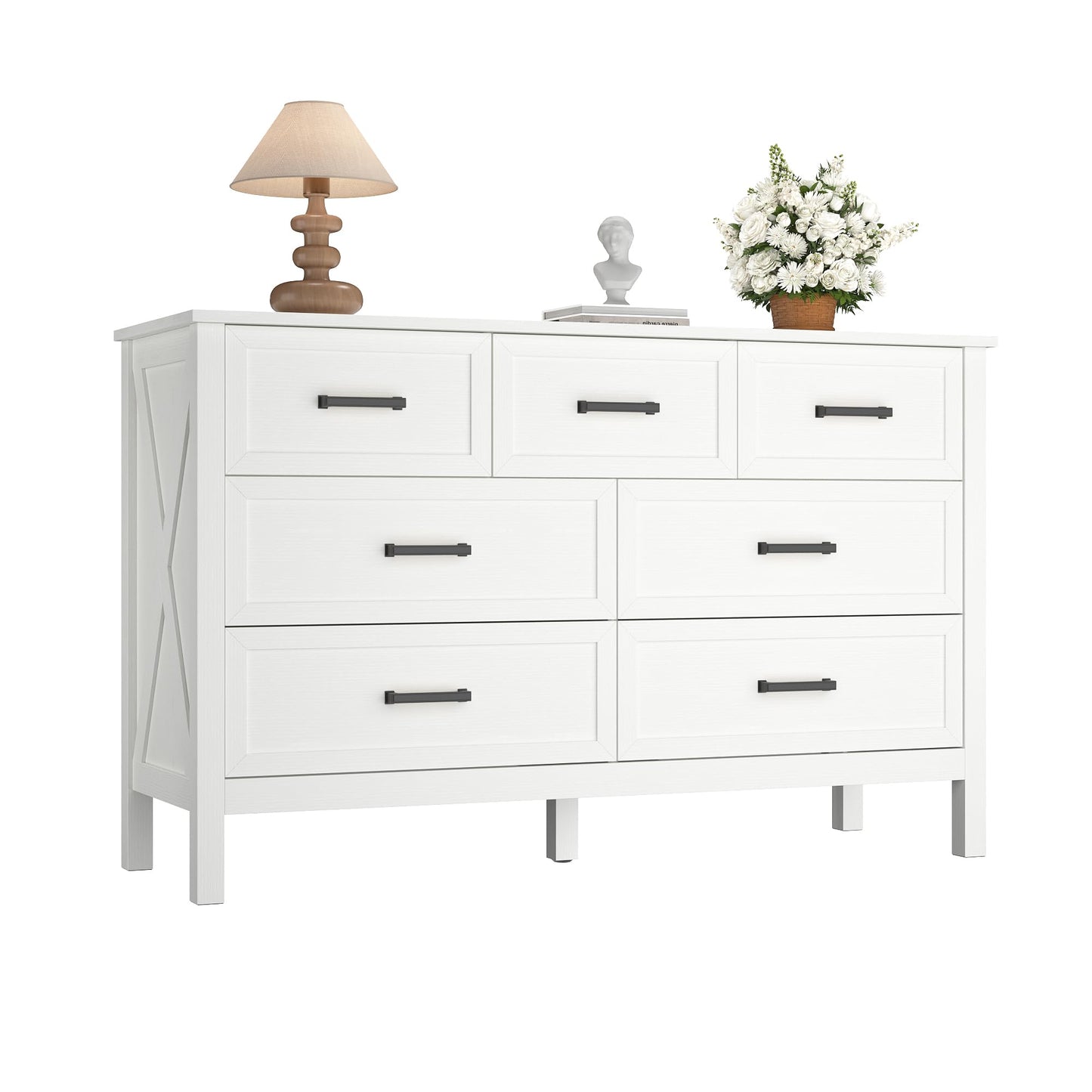 BAZELOR Farmhouse Dresser for Bedroom, 7 Drawers Dresser with Natural Texture, Wood Rustic Wide Chest for Bedroom, Hallway, Entryway, White