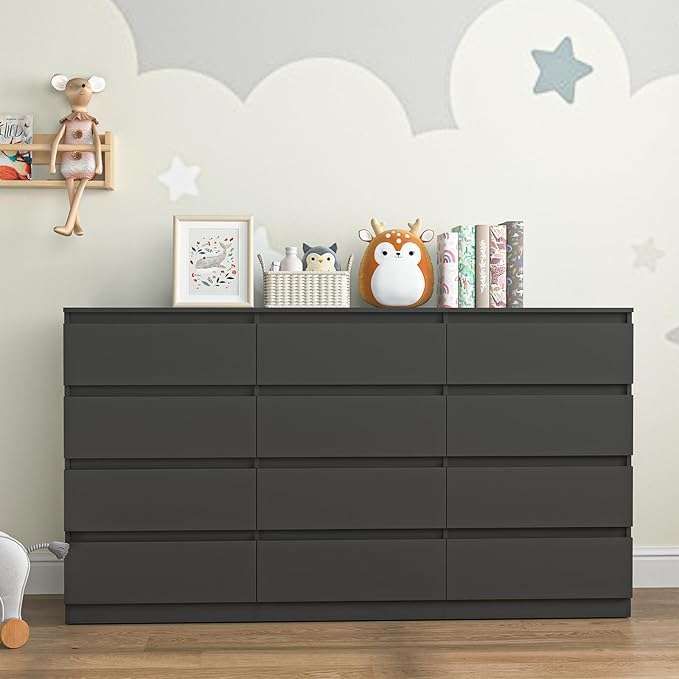 Black Dresser for Bedroom,Modern Long 12 Drawer Dresser with Deep Drawer,Wood Storage Chest of Drawer, Bedroom Storage Organizer,TV Stand for Living Room