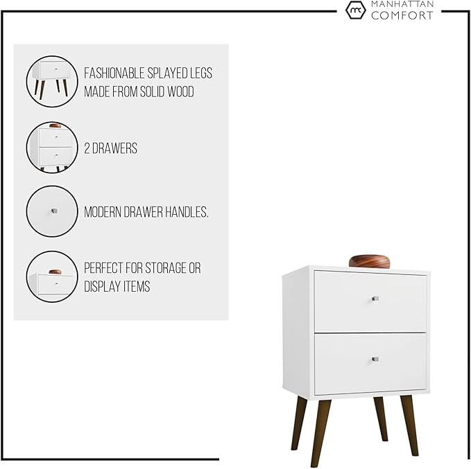 Manhattan Comfort Liberty Mid Century Modern Nightstand with Drawers, Bedside Table for Bedroom and Living Room, Night Stand Accent Decor, Easy Assembly, White/Blue