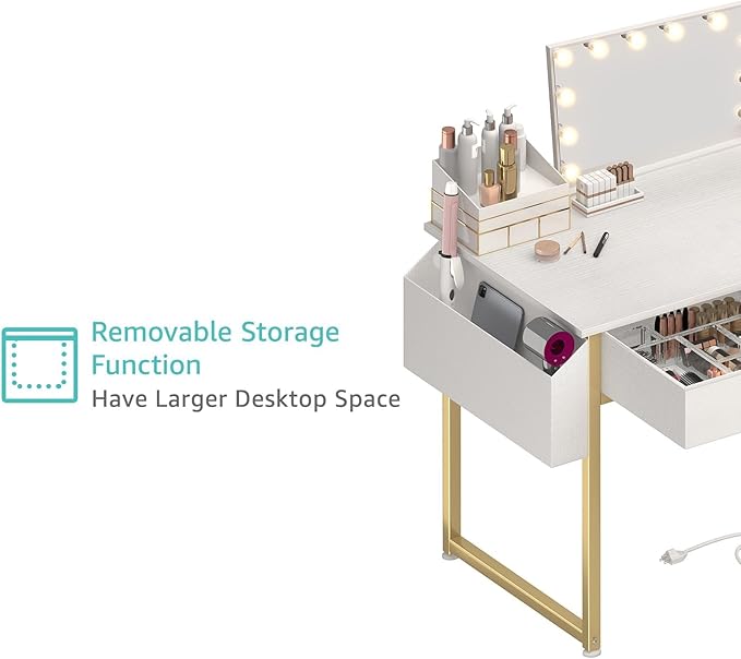 Makeup Vanity Desk No Mirror with Chair for Girls, White Small Vanity Table Set with Fabric Drawers, Power Outlet Without Mirror, Modern Make Up Desk for Bedroom
