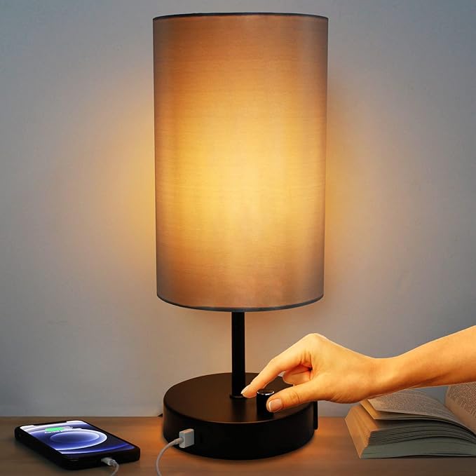 HiBay 17.75" H Dimmable LED Bedside Table Lamp with USB Charging Ports & AC Outlet, Modern Black Nightstand Light for Bedroom, Office, Living Room, Kids Room, Round Fabric Shade, E26 Bulb Included