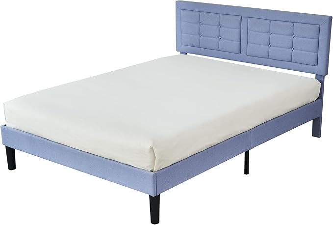 VECELO Full Size Bed Frame with Adjustable Headboard, Upholstered Button Tufted Platform Bedframe with Wood Slats Support, No Box Spring Needed, Light Blue