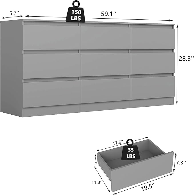 Grey Dresser for Bedroom,Modern Large 9 Drawer Dresser with Deep Drawer,Wide Storage Chest of Drawer,Wood Bedroom Storage Organizer Furniture,TV Stand for Living Room