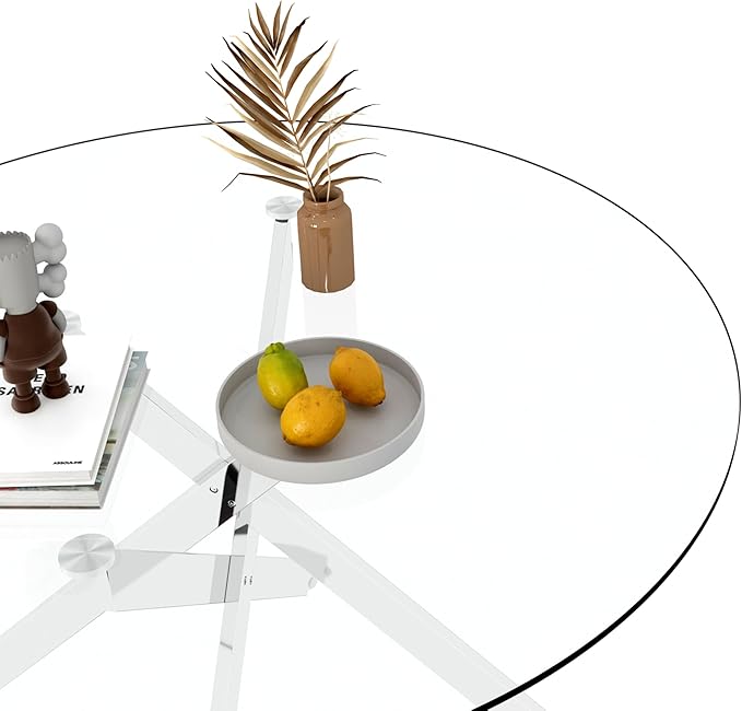 Goujxcy 5 Piece Round Glass Dining Table Set for 4, 47" Round Dining Table & Chair Set Modern Circle Glass Kitchen Table and 4 Velvet Upholstered Chairs for Kitchen Dining (Silver Table & Beige Chair)