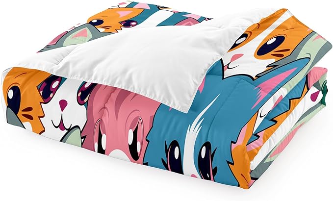 Neon Cats Bedding Set for Girls-Full Size Cartoon Comforter Girls Room Black Pattern Full Soft Breathable with 2 Pillowcases All-Season
