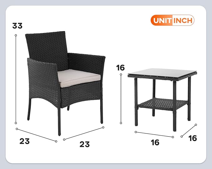 FDW Patio Furniture Sets 3 Pieces Outdoor Wicker Bistro Set Rattan Chair Conversation Sets with Coffee Table for Yard Backyard Lawn Porch Poolside Balcony,Black