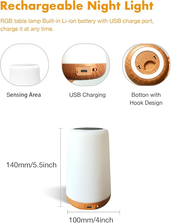 TLAOTNIY Baby Night Light, Dimmable Touch Lamp for Nursery, Portable Rechargeable Bedside Table Lamp for Bedroom, 5 Brightness&13 RGB Colors, Night Lamp for Kids Living Room Bathroom Hallways 2Pack