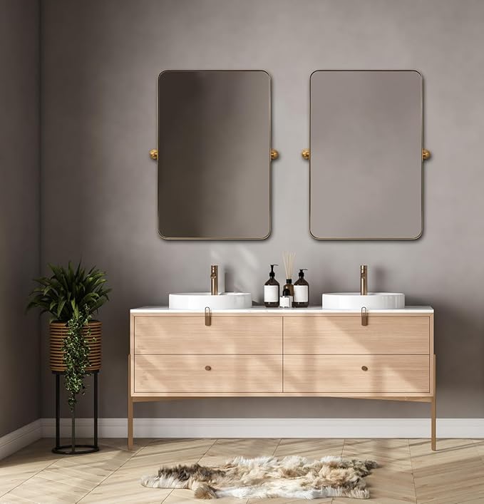 ANDY STAR 28"x36" Brushed Gold Bathroom Mirror for Wall, Brass Metal Framed Pivoting Bathroom Vanity Mirror with Rounded Corner, Tilt Rectangle Wall Mirrors Hangs Vertically Only(Overall 31.75" x 36")