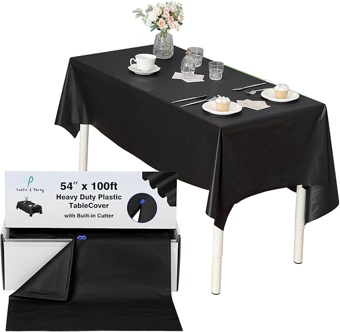 Craft And Party, 54 in x 100 feet Plastic Table Cover Roll for Party, Banquet, Picnic, Kids Activities for Any Size and Shape Table (Black, 54" x 100ft)