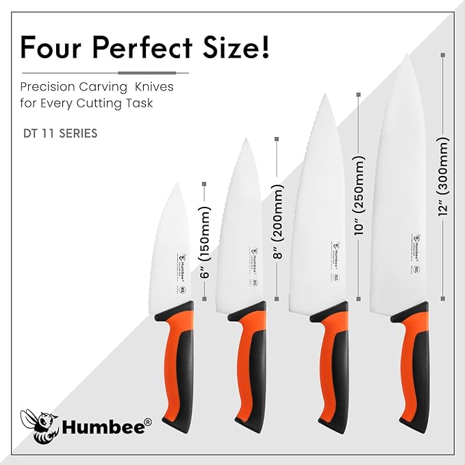 12 Inch Professional Chef Knife with Ergonomic Handle – NSF Certified Stainless Steel Kitchen Knife, Serrated Wave Teeth, Durable and Sharp Blade, DT 11 Series, Orange