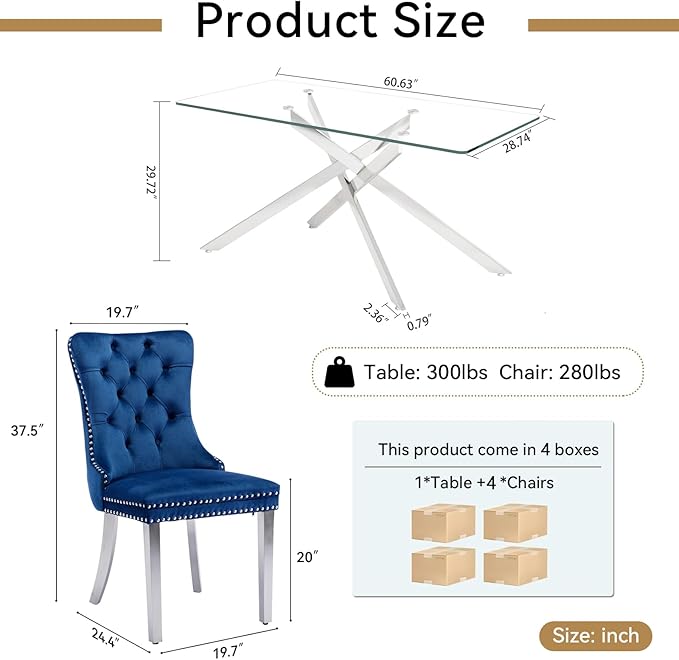 Goujxcy Glass Dining Table Set for 4, Modern Kitchen Table and Chairs Set of 4, 5-Piece Kitchen Dining Room Table Set w/61 Glass Silver Dining Table and 4 Blue Velvet Upholstered Chairs