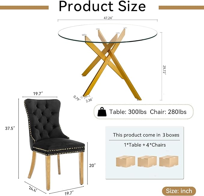 Goujxcy Round Dining Table Set for 4, Modern Glass Kitchen Table and Chairs Set of 4, 5-Piece Dining Room Table Set w/47 Circle Gold Glass Dining Table and 4 Upholstered Velvet Chairs