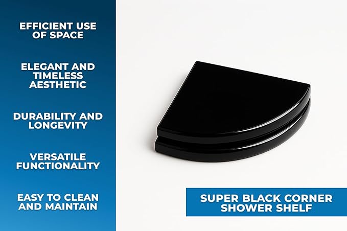 9 Inch Super Black Engineered Marble Corner Shower Shelf Bathroom Caddy, Wall Mounted Shower Shelf, Classic Flatback Design (2)