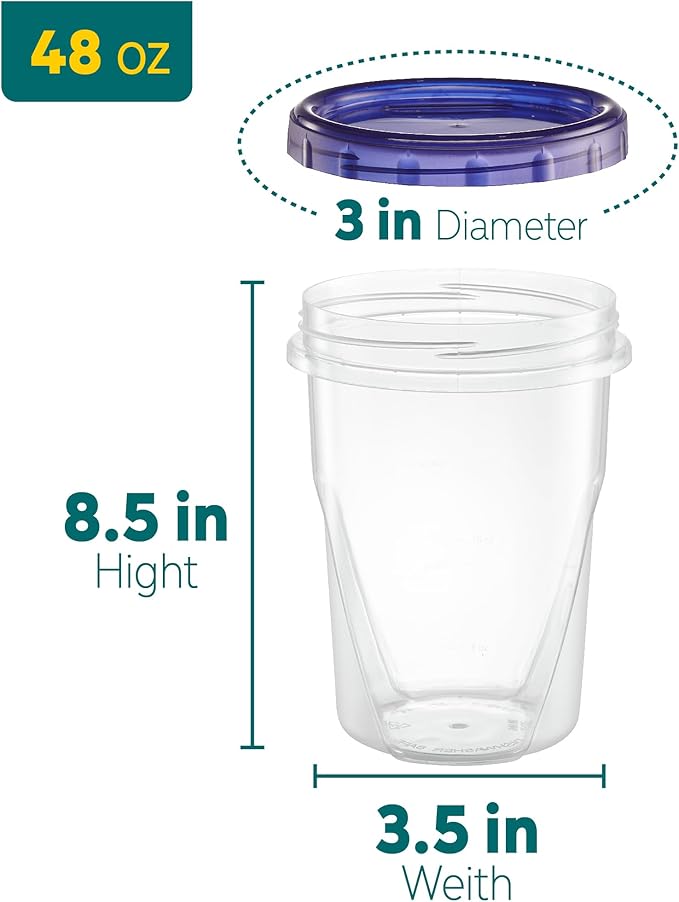 PLASTICPRO 12 Pack Twist Cap Food Storage Containers with Blue Screw on Lid- 48 oz Reusable Meal Prep Containers - Large Freezer Containers Microwave Safe Blue Plastic Food Storage