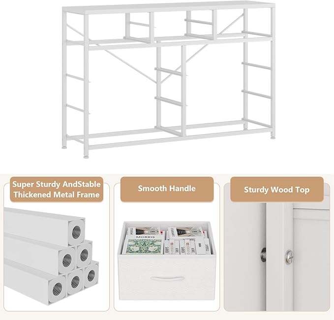 Jojoka Wide 10 Drawer Dresser,TV Stand Entertainment Center Fabric Storage Dressers Drawers for Bedroom, Hallway, Nursery, Closets, Steel Frame, Wood Top, White_1