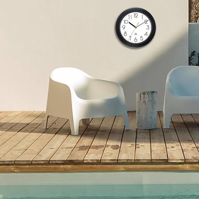 Caysie 11 Inch Sealed Indoor Outdoor Waterproof Wall Clock, Durable Silent Non-Ticking Battery Operated Quality Quartz Round Clock, Wall Decorative for Patio, Pool, Bathroom (Black)