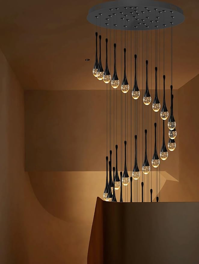 Staircase Chandelier 42-Lights Crystal Ceiling Lights Adjustable Length 197inches Large Chandeliers for High Ceilings, Entryway Lighting Fixture Black