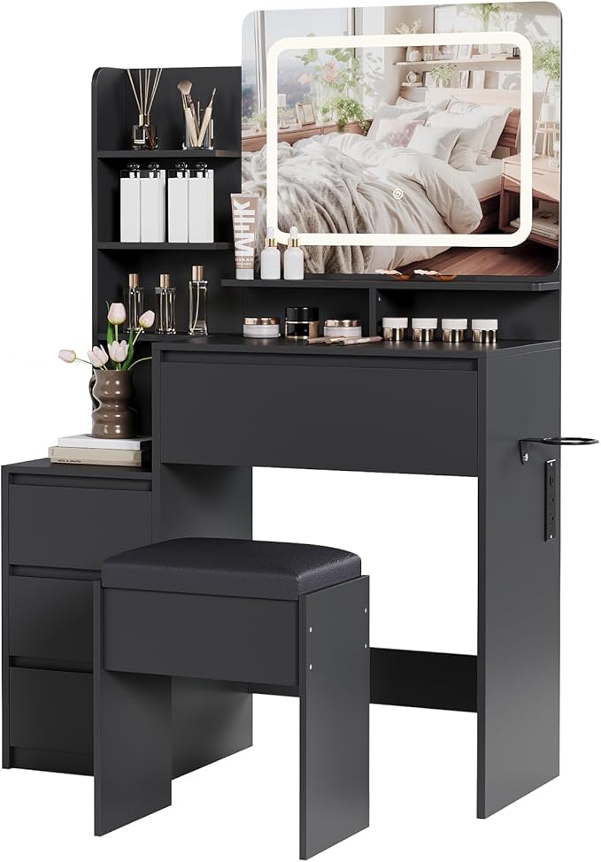GAOMON Makeup Vanity Desk with Mirror and Lights - 36" Vanity Table Set with 4 Drawers, Power Outlet, USB Ports, Stool, Dressing Table with 3 Lighting Color Adjustable for Bedroom, Women, Black