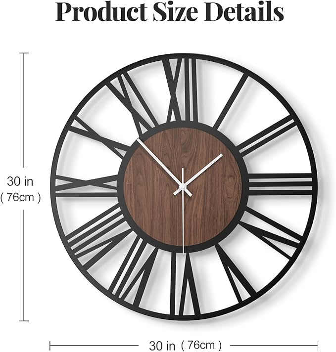 30" Extra Large Wall Clock, Modern Battery Operated Silent Non Ticking 30 inch Decorative Wood Metal Wall Clock, Black Round Big Clocks for Living Room, Bedroom, Kitchen, Office Decor-Roman Numerals