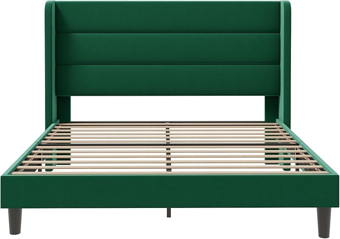 SHA CERLIN Queen Size Velvet Bed Frame/Vertical Channel Tufted Wingback Headboard/Upholstered Platform Bed with Wooden Slats/Mattress Foundation/No Box Spring Needed/Easy Assembly/Green