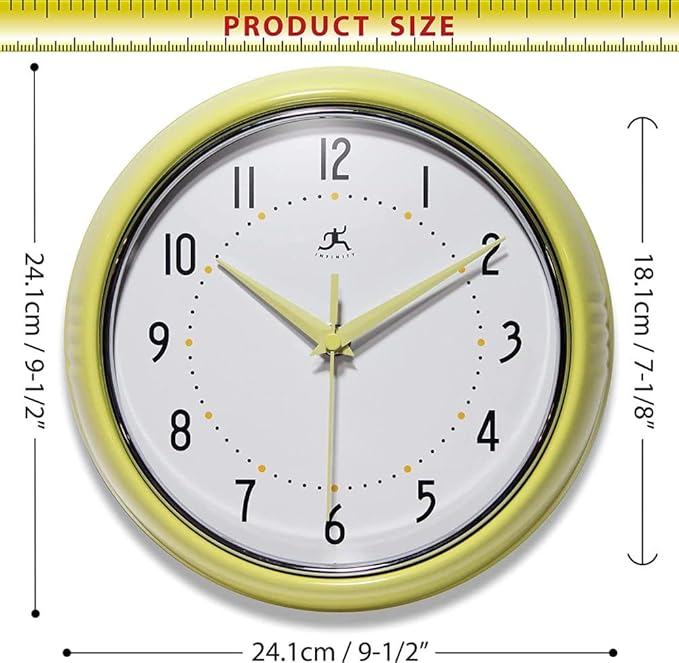 Infinity Instruments LTD. Retro 9 inch Silent Sweep Non-Ticking Mid Century Modern Kitchen Diner Wall Clock Quartz Movement Retro Wall Clock Decorative (Aura Yellow)β¦