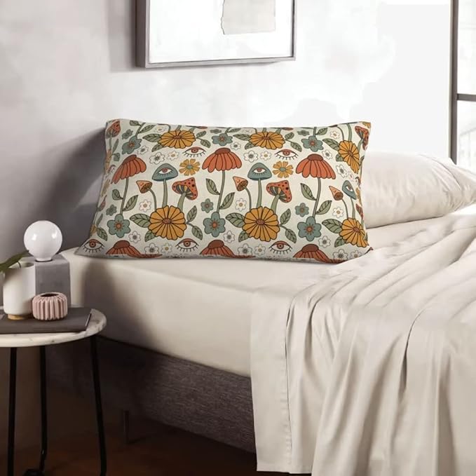 BETGINY Boho Throw Pillow Covers 12x20 Set of 2, Yellow Orange Fun Cute Mushrooms Retro Decorative Outdoor Pillow Covers 70s Vintage Floral Linen Farmhouse for Couch Sofa Summer Home Decor