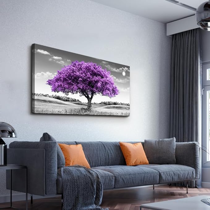 Canvas Wall Art for Living Room Large Wall Decor for Bedroom Modern Office Wall Decorations Purple Tree Landscape Painting Black and White Pictures Artwork Room Aesthetic Home Decor