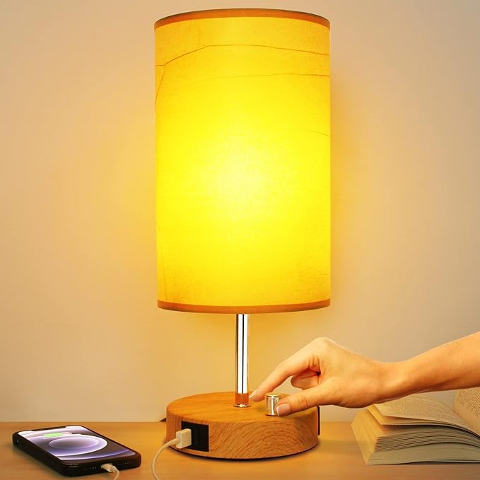 HiBay 17.75"H Dimmable LED Bedside Table Lamp with USB Charging Ports & AC Outlet, Modern Wood-Grain Nightstand Light for Bedroom, Office, Living Room, Kids Room, Round Fabric Shade, E26 Bulb Included