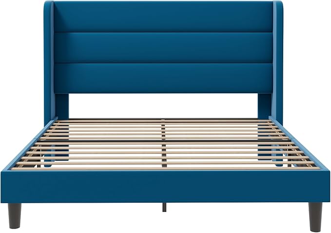 SHA CERLIN Queen Size Velvet Bed Frame/Vertical Channel Tufted Wingback Headboard/Upholstered Platform Bed with Wooden Slats/Mattress Foundation/No Box Spring Needed/Easy Assembly/Blue