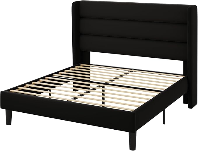 Allewie Full Size Platform Bed Frame with Velvet Upholstered Wingback Headboard, No Box Spring Needed, Under Bed Storage Space, Strong Wooden Slats, Modern Mattress Foundation, Easy Assembly, Black