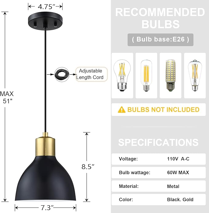 3 Pack 1 Light Industrial Hanging Indoor 7.3" Kitchen Island Black Pendant Ceiling Light Fixtures Brushed Bronze Finish,Drum Metal Shade for Bar Dining Room Living Room Over Sink