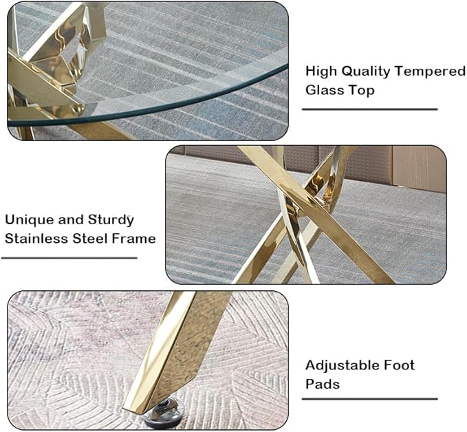Goujxcy 3 Piece Round Glass Dining Table Set for 2, 36" Round Dining Table & Chair Set Modern Circle Glass Kitchen Table and 2 Velvet Upholstered Chairs for Kitchen Dining (Gold Table & Grey Chair)