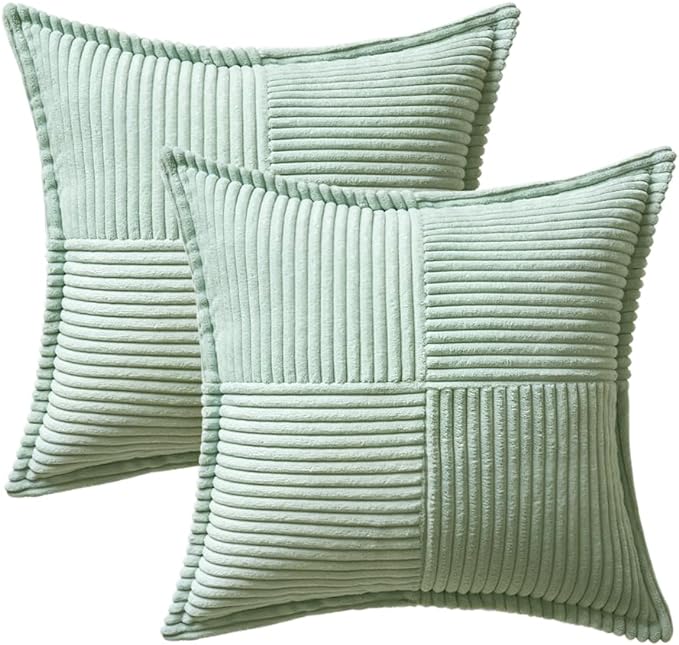 MIULEE Mint Green Corduroy Pillow Covers 20x20 Inch with Splicing Set of 2 Soft Boho Striped Pillow Covers Broadside Decorative Textured Summer Pillowcases for Couch Cushion Bed Livingroom