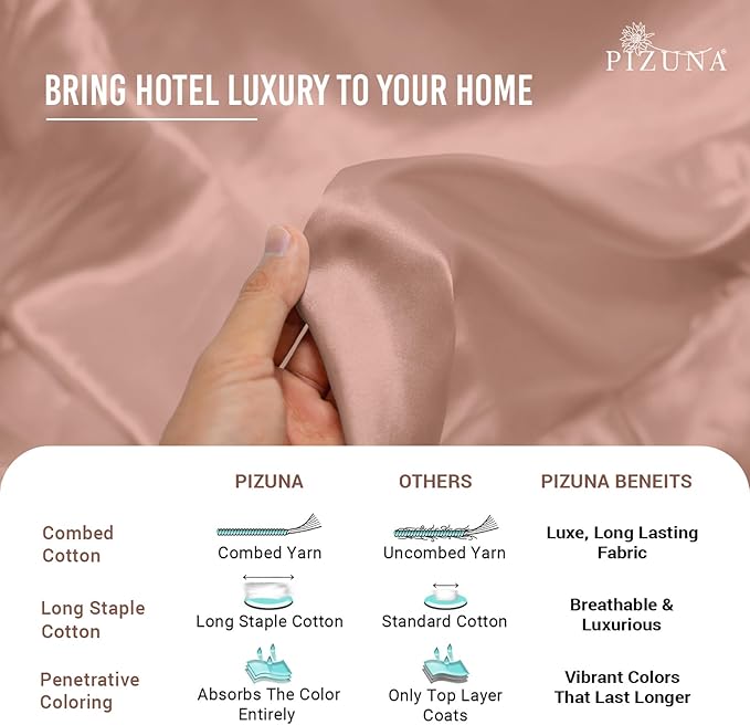Pizuna Pure 100% Cotton King Duvet Cover Set, Luxurious 400 Thread Count Long Staple Cotton Sateen Weave with Button Closure (Combed Misty Rose Cotton Duvet Cover King)