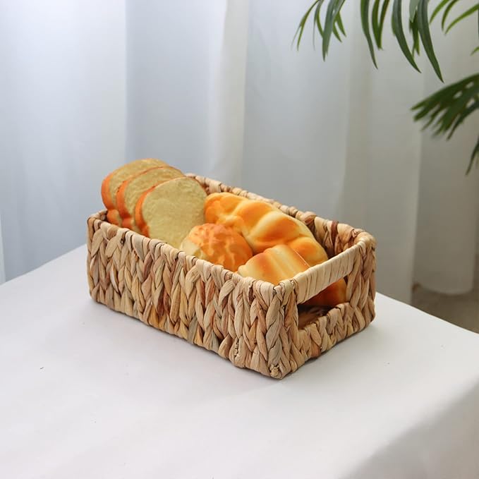 YAHUAN Woven Water Hyacinth Baskets for Organizing, Rectangular Wicker Baskets with Built-in Handles, Small Storage Baskets for Shelves, Kitchen, Make-Up,Toilet Tank Paper(Water Hyacinth 1-Pack)