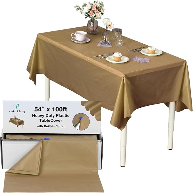 Craft And Party, 54 in x 100 feet Plastic Table Cover Roll for Party, Banquet, Picnic, Kids Activities for Any Size and Shape Table (Gold, 54" x 100ft)
