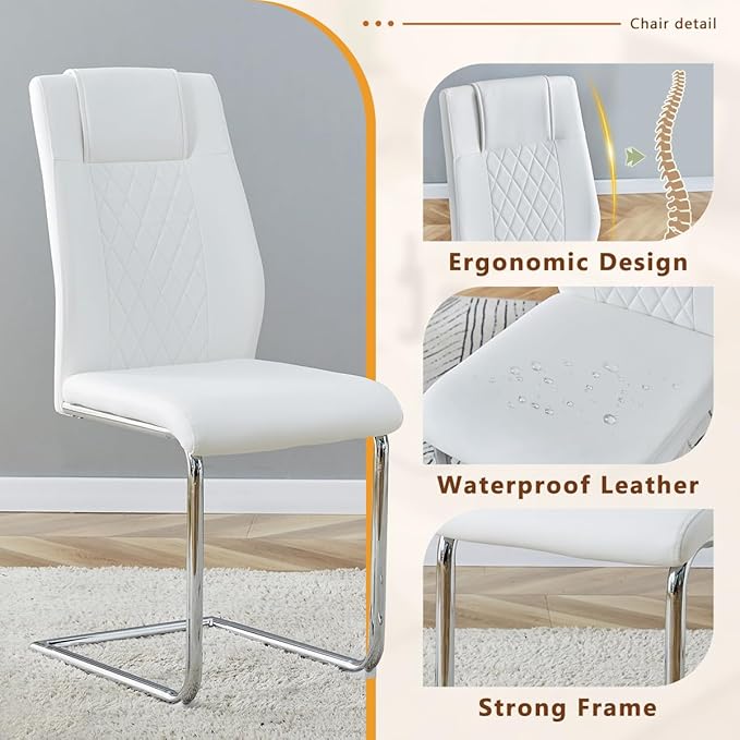63'' Glass Dining Table Set for 6, Kitchen Table Chairs Set of 6, Clear Glass Dining Table with Black unique design Leg and Silver Metal Base, 6 PU Dining Chairs with Metal Legs, Living Room, Kitchen.