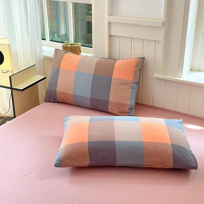 FACE TWO FACE Bedding Duvet Cover Set100% Washed Cotton Duvet Cover Linen Like Textured Breathable Durable Soft Comfy (Full, Cookie Powder Grid)