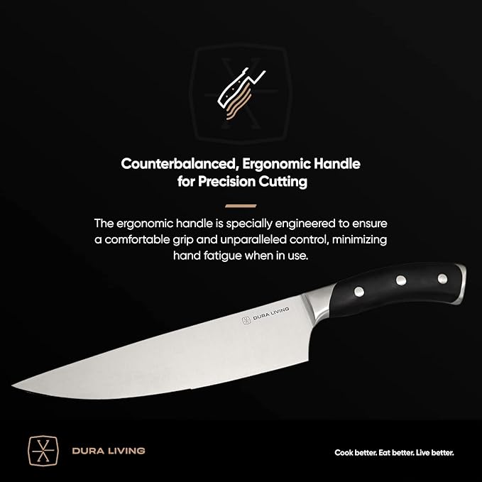8-Inch Chef Knife – Ultra-Sharp German High Carbon Stainless Steel, Full Tang, Ergonomic Handle, Multipurpose Kitchen Knife for Chopping, Slicing, and Dicing, Black