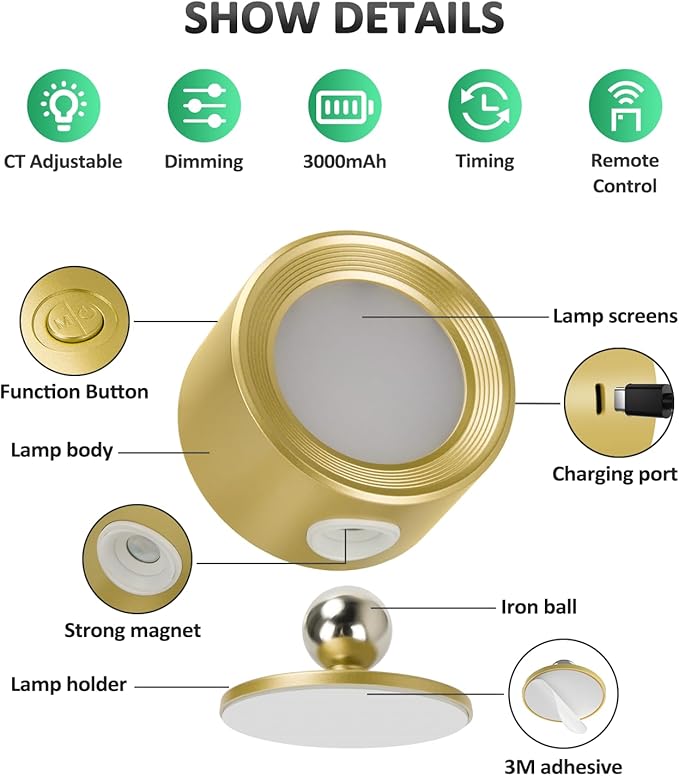Lightbiz LED Wall Lights with Remote, Wall Sconces Lamp Rechargeable Battery Operated, 3 Color Temperatures & Dimmable Magnetic 360° Rotation Cordless for Bedroom Bedside
