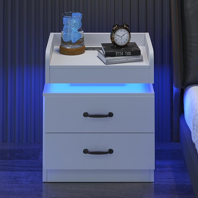 Nightstand with Charging Station, Night Stand with LED Lights, Modern Led End Table Nightstand for Bedroom, Night Stand with 2 Drawers, Bed Side Table with Storage for Living Room (1, White)