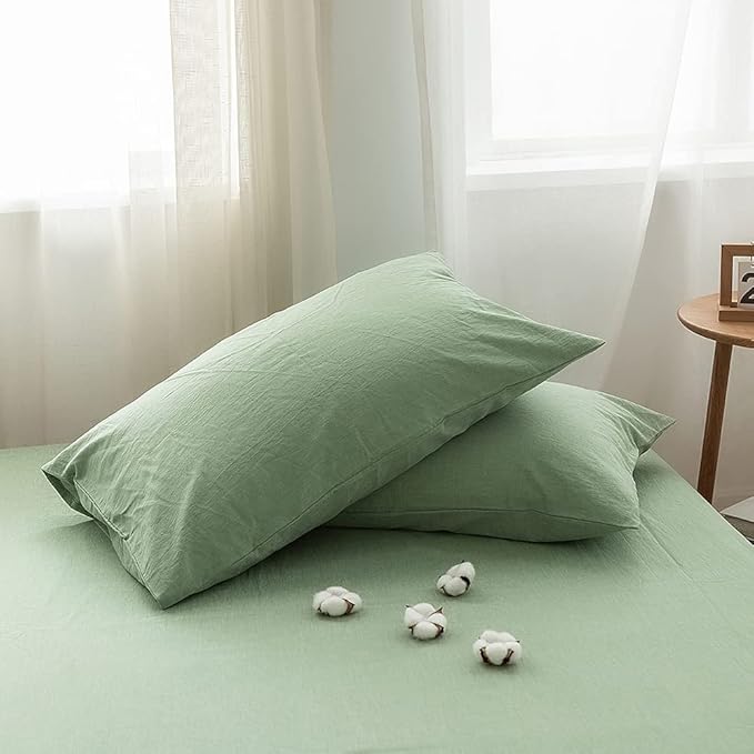 FACE TWO FACE Bedding Duvet Cover Set 3 Pieces 100% Washed Cotton Duvet Cover Linen Like Textured Breathable Durable Soft Comfy (Queen, Green)