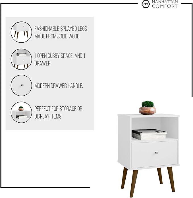 Manhattan Comfort Liberty Mid Century Modern Nightstand with Drawer and Cubby, Bedside Table for Bedroom and Living Room, Night Stand Accent Decor, Easy Assembly, Black